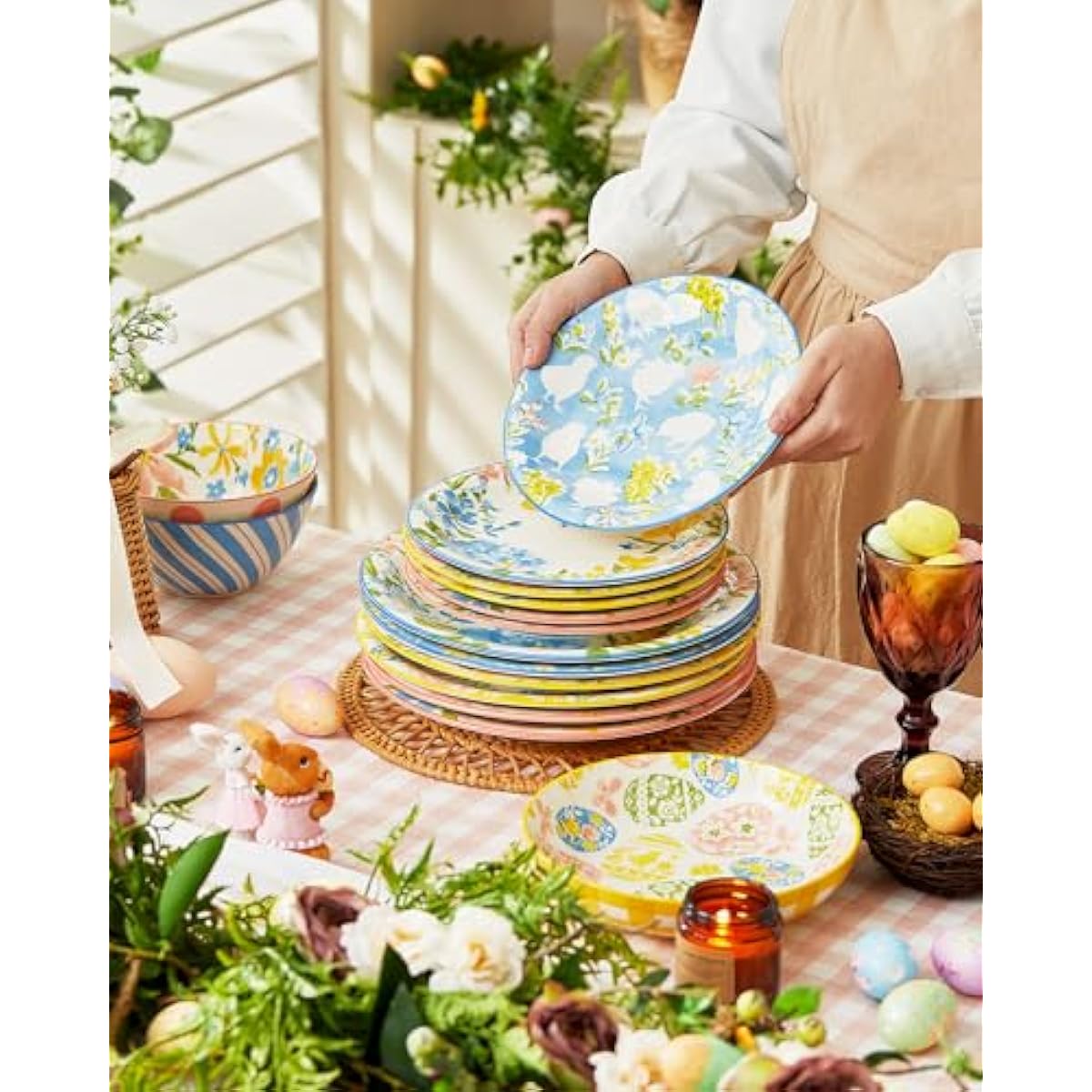 Easter Salad Plates, 8" Ceramic Bunny Plate Set, Dessert Appetizer Dishes Set of 6, Watercolor Style, Dishwasher & Microwave Safe, Set of 6