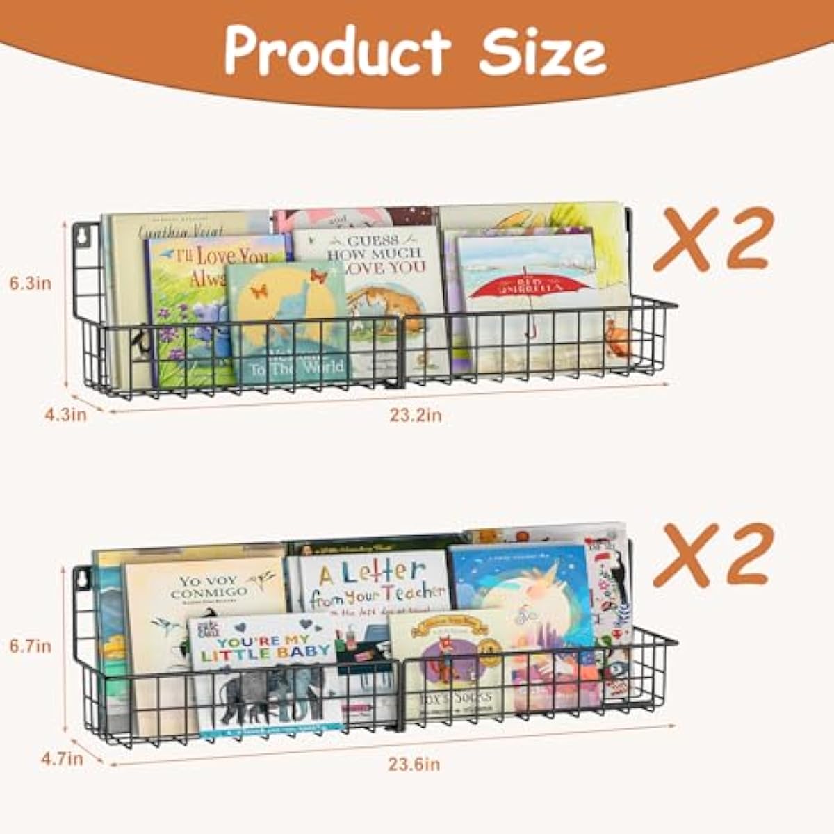 X-cosrack 24 Inch Wall Mounted Kids Bookshelf, Floating Metal Book Shelves for Kids Nursery Toddler Classroom, Hanging Book Shelf Organizer for Room Decor, Black, Set of 4