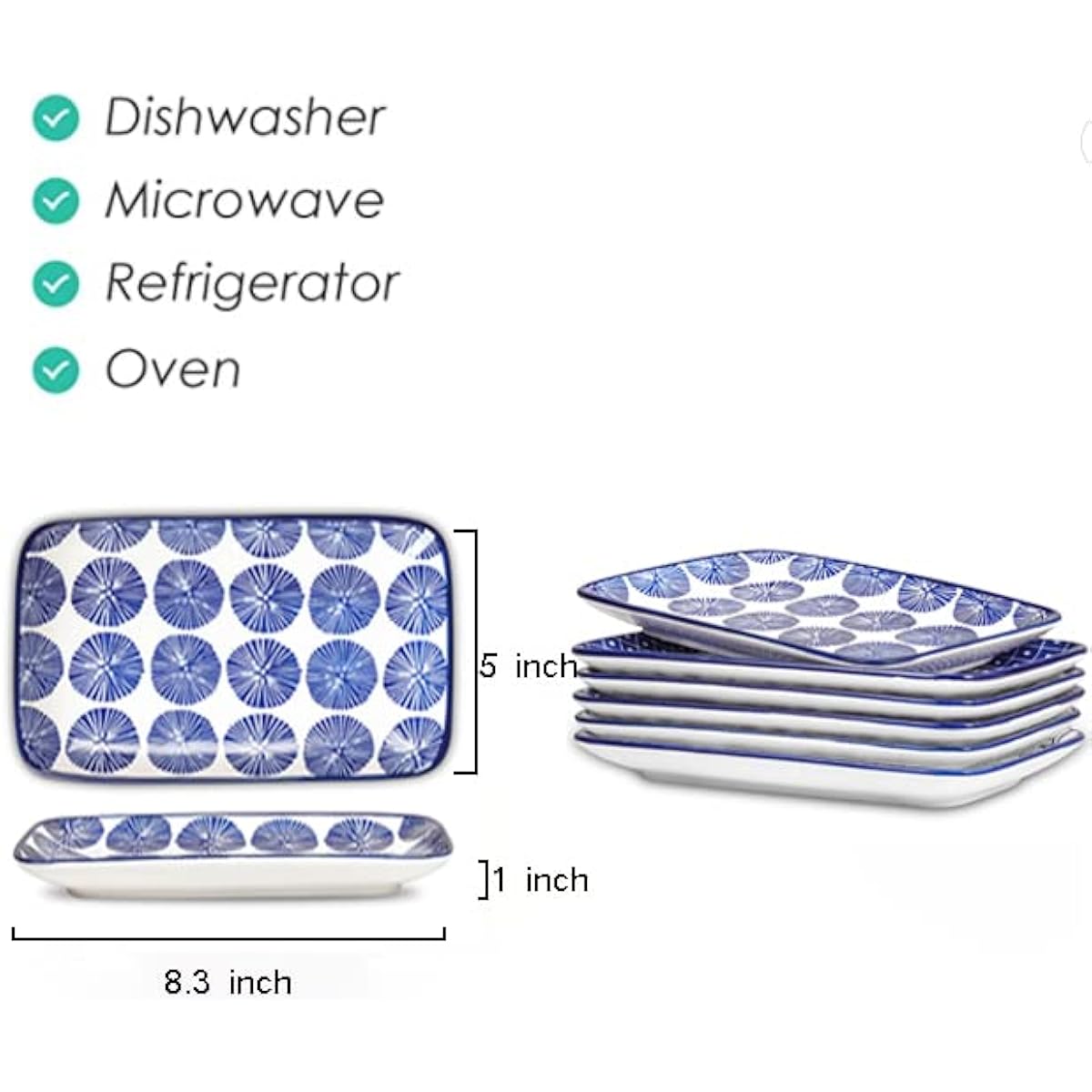 Selamica Ceramic 8 inch Rectangular Salad Plates, Dinner Plates, Pasta Dessert Plates for Appetizer, Sushi, Fruit - Microwave/oven/Dishwasher Safe, Set of 6, Vintage Blue