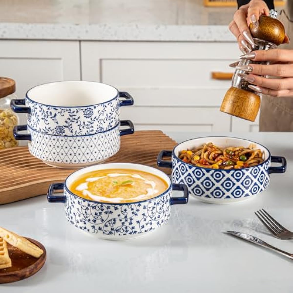 Soup Bowls with Handles - 24oz Ceramic French Onion Soup Crocks Serving Bowls for Pasta Cereal Beef Stew Pot Pies Casserole - Oven Microwave Dishwasher Safe - Set of 4, Blue