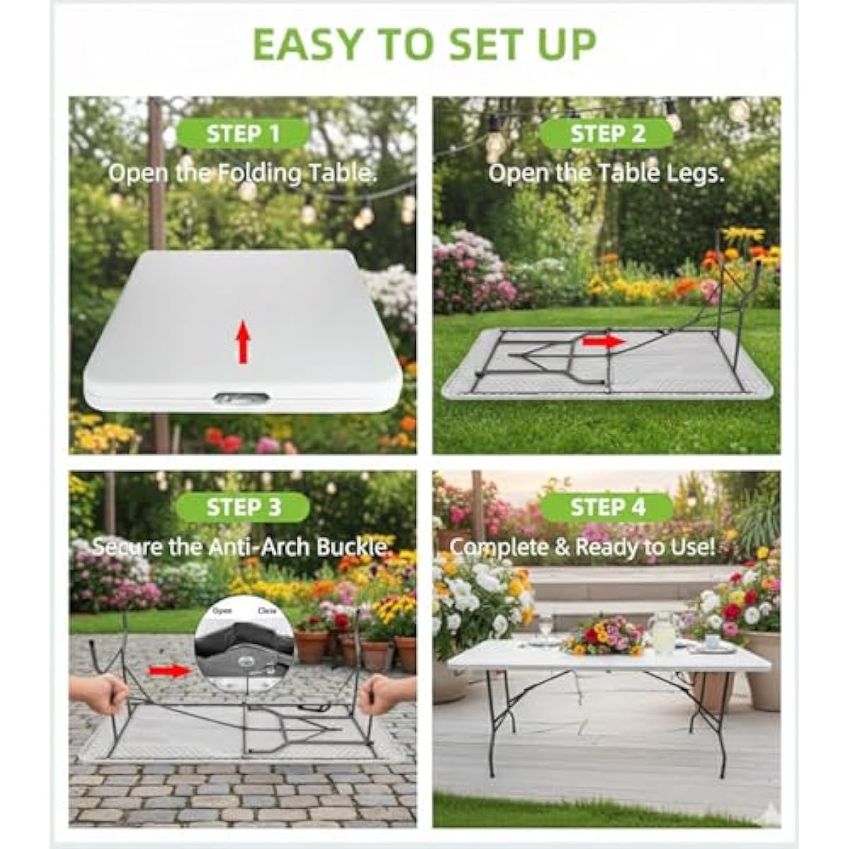 6ft Table Large Folding Table White Folding Table with Portable Carrying Handle 6ft Heavy Plastic Foldable Table for Party, Wedding, Events, Dining, Camping, Picnic Indoor, Outdoor, Utility