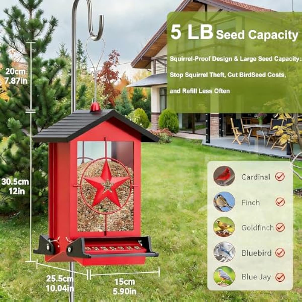 Squirrel Proof Bird Feeders for Outdoors With Weight-Activated, Metal 5LB Large Wild Bird Feeders for Cardinals,Blue jay,Finch, Weatherproof Durable Hanging Bird Feeder for Backyard,Garden,Patio - Red