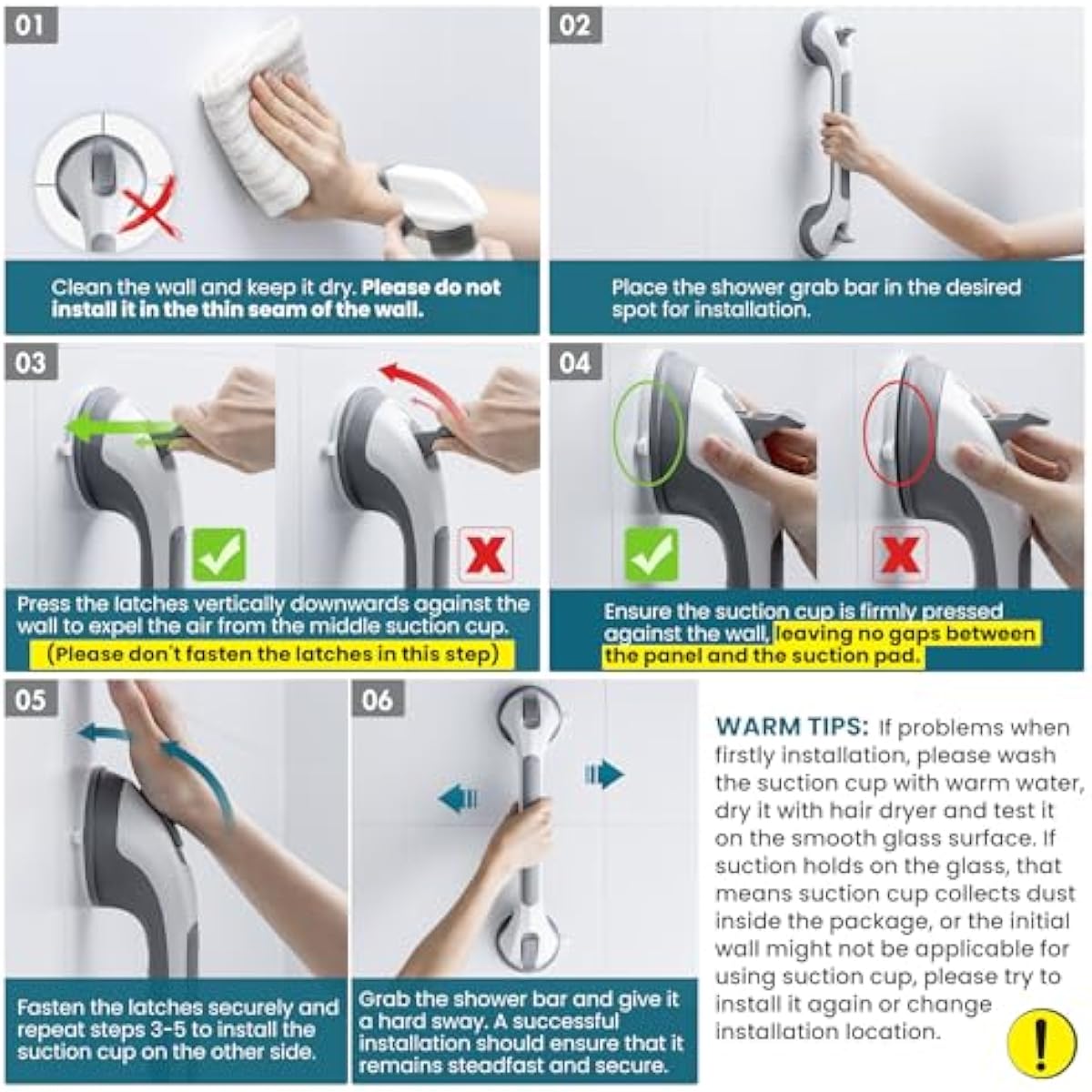 TAILI Grab Bars for Bathtubs and Showers 2 Pack Suction Grab Bar, Heavy Duty Shower Handle Removable Bath Handrails for Seniors and Elderly, Bathroom Safety Grip No Drilling Waterproof,Grey