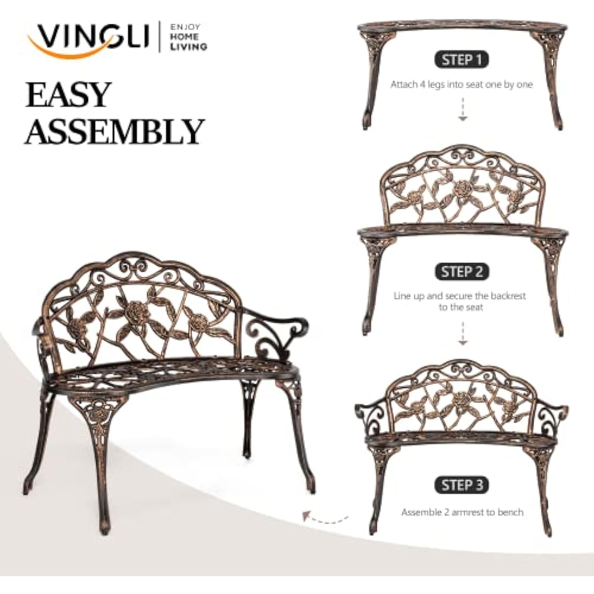 VINGLI 38.5" Patio Park Garden Outdoor Metal Rose Bench, 2-Person Cast Iron Cast Aluminium Frame Antique Finish Chair,Accented Lawn Front Porch Path Yard Decor Deck Furniture (Bronze, Rose)