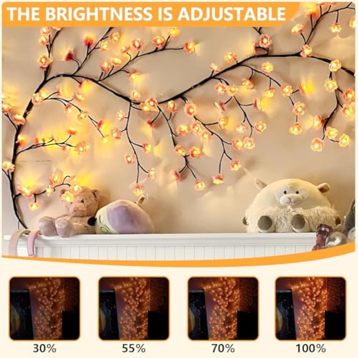 Cherry Enchanted Willow Vine Lights, 4FT 48LED Pink Cherry Blossom Tree Branch Lights for Wall, Remote Timer,8 Light Model,Bedroom Wall Doors Wedding, Christmas, USB Battery Box