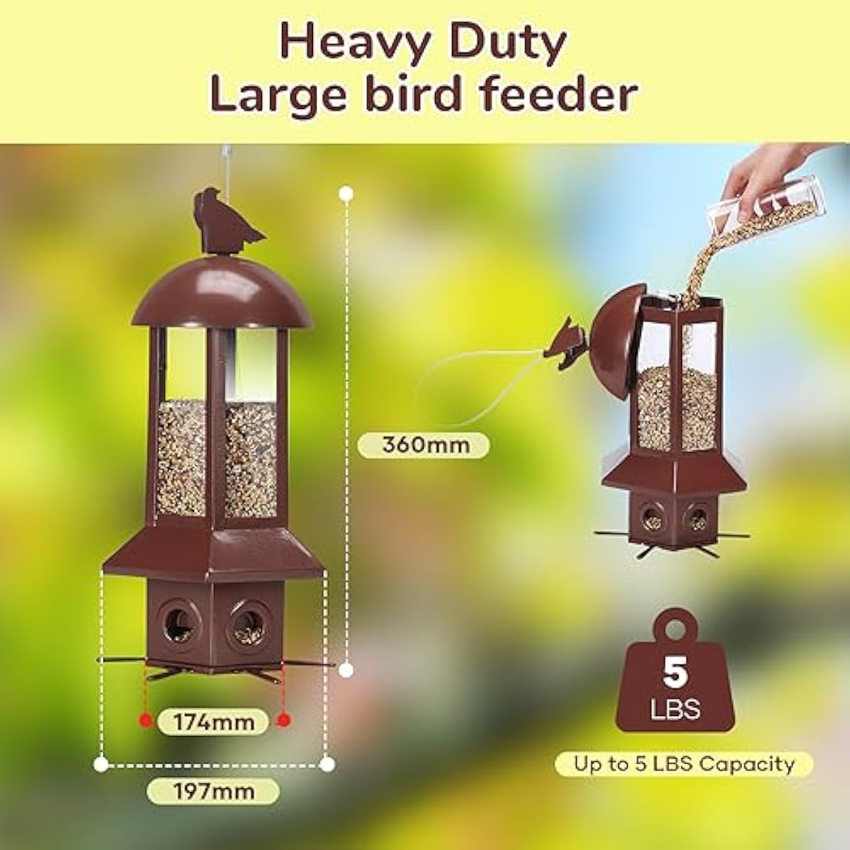 Professional Squirrel Proof Bird Feeders - Sorflife Large Capacity 5.06 lbs, Reliable and Rust Resistant Metal Bird Feeding Station for Prevents Squirrels from Stealing Food and Easy Refilling Brown