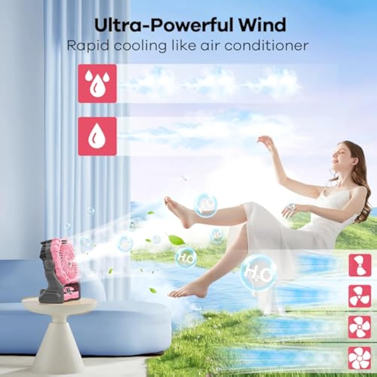 Misting Fan Portable with RGB Lantern, 30000 mAh Rechargeable Camping Mist Fan with Emergency Battery Power Bank Hurricane Supplies, Perfect Cooling Mister for Outdoor Travel