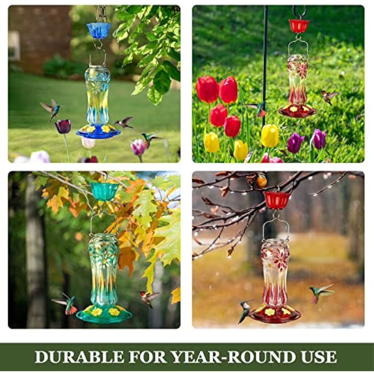 Kingsyard Glass Hummingbird Feeders for Outdoors Hanging, 25 oz Leak Proof Hummingbird Feeder with Ant Moat & 6 Bee Proof Feeding Ports, Red
