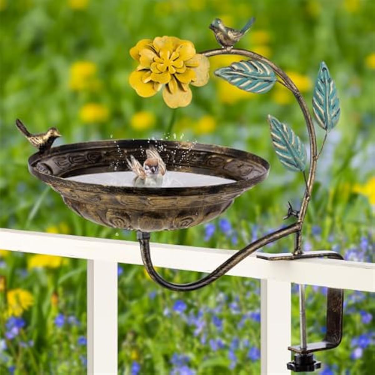 Metal Bird Bath for Outdoors, Deck Mounted Birdbaths with 10 Inch Bowl, Detachable Bird Feeder with Adjustable Clamp for Balcony Railing Garden Yard Decor