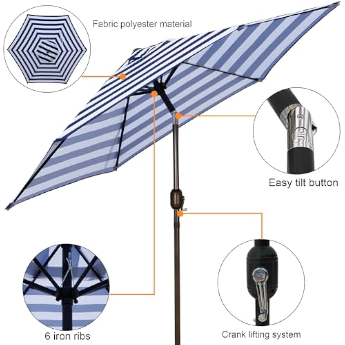 Blissun 7.5 ft Patio Umbrella, Yard Umbrella, Outdoor Market Umbrella with Push Button Tilt Crank (Blue&White)