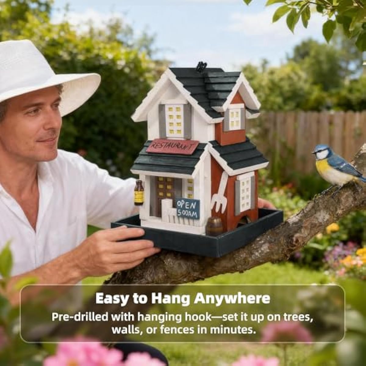 MEWANG Nature's Elegance Bird Feeder - Wooden Bird House, Exquisitely Crafted, Beautifully Decorative & Hang for Backyard Wildlife(White)