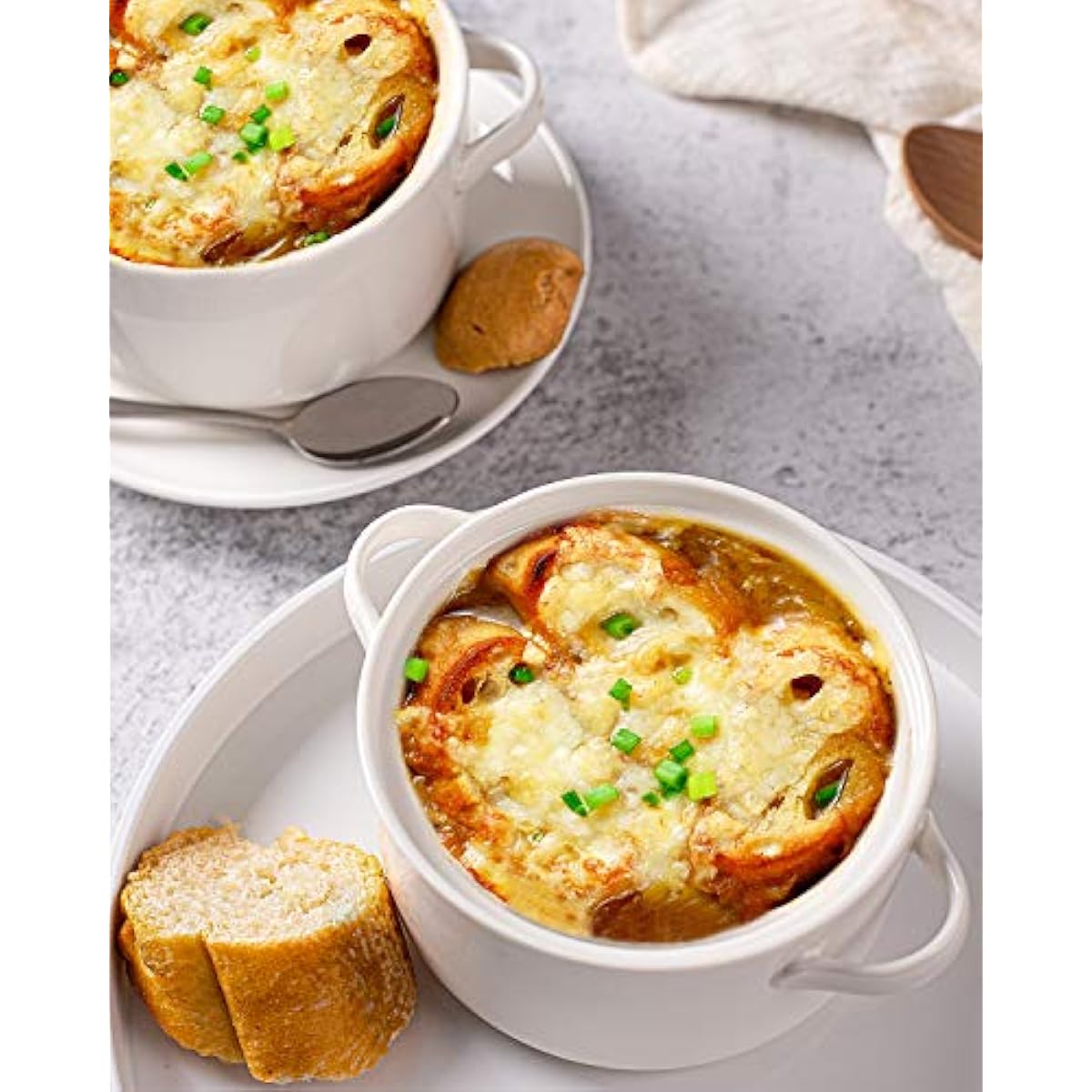 DELLING Soup Bowls with Handles Set of 6, 24 Oz Ceramic French Onion Soup Crocks Oven Safe - Large Soup Mugs for Chili Stew Cereal, Microwave Dishwasher Safe, White