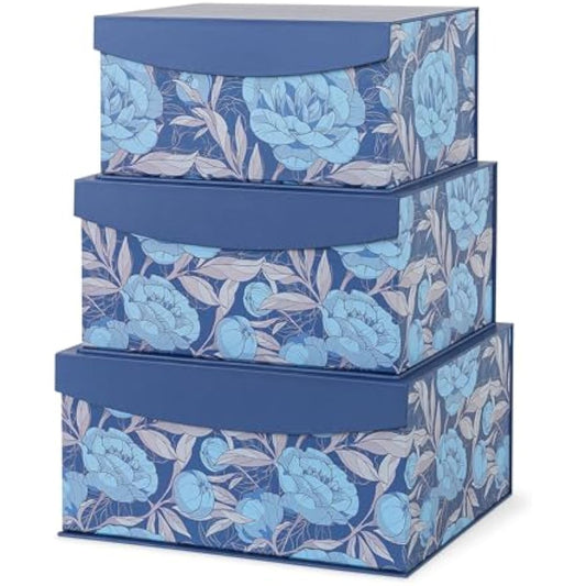 Soul & Lane Decorative Storage Boxes with Magnetic Closure, Set of 3 Memory Keepsake Boxes with Lids, Cardboard Storage for Gifts, Organizing, and Home Décor, Manor Blue