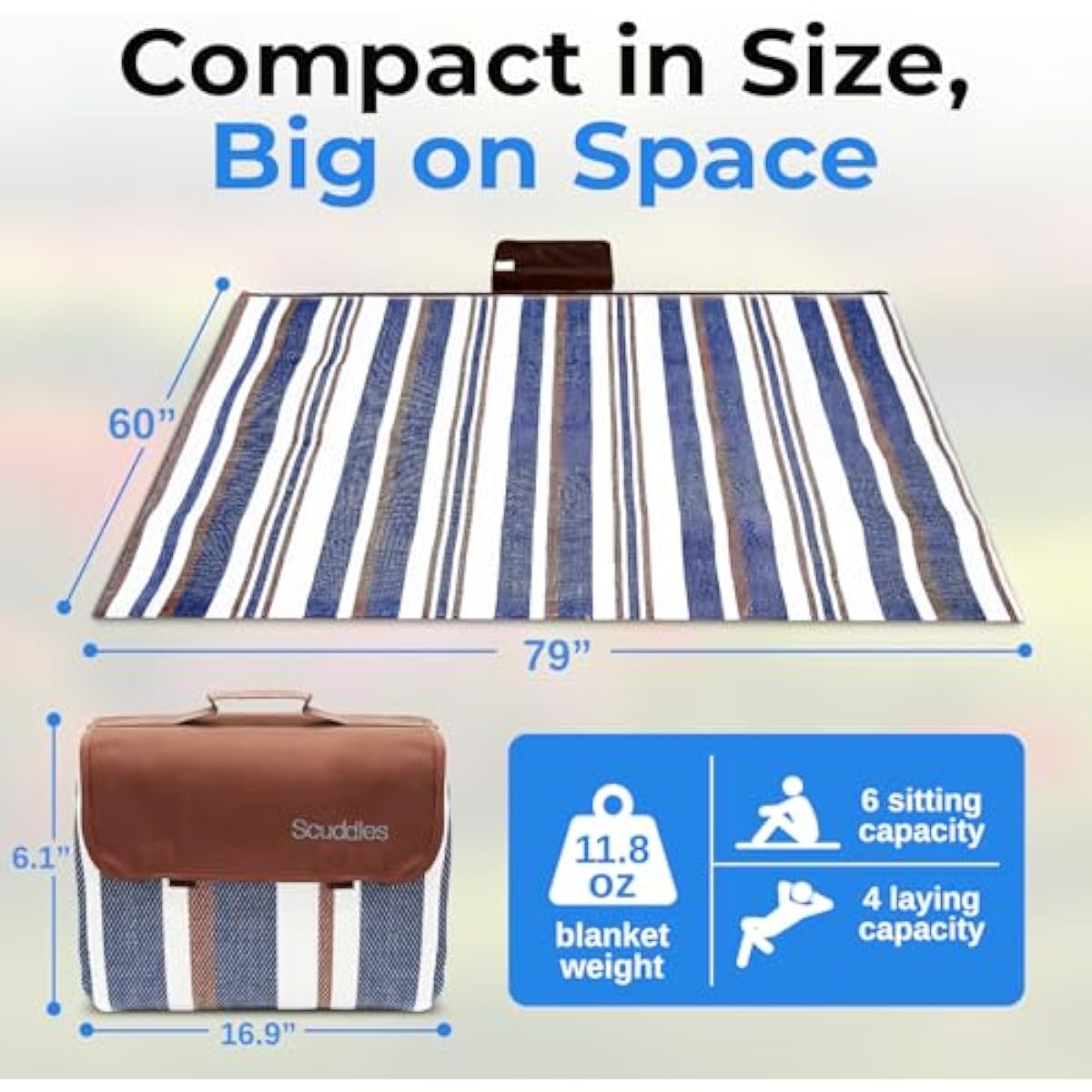 scuddles Extra Large Picnic Blanket – 60" x 80" Waterproof Outdoor Mat with Soft Dual-Layer Comfort, Foldable Travel Rug for Beach, Camping, Lawn, Parks & Family Picnics