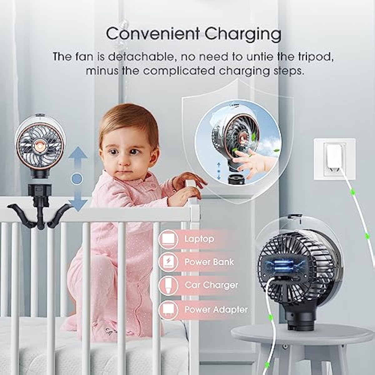 Ausic Stroller Fan with Mist, 100ml Misting Portable Fan for Stroller, Safe Baby Fans with Detachable Tripod, Baby Essentials, Clip on Fans for Crib, Treadmill, Car Seat, Outdoor, Beach, Golf Cart