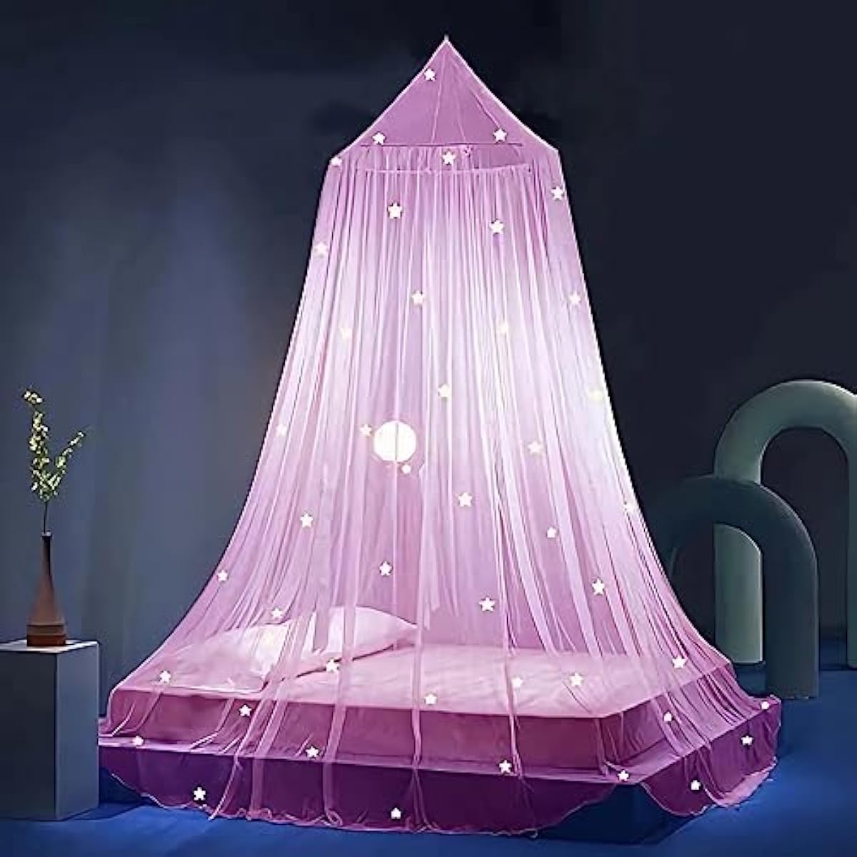 Eimilaly Bed Canopy for Girls Mosquito Net, Princess Bed Canopy for Girls Room Decor - Insect Protection Hanging Canopy for Indoor(Pink,Stars Glow in the Dark)