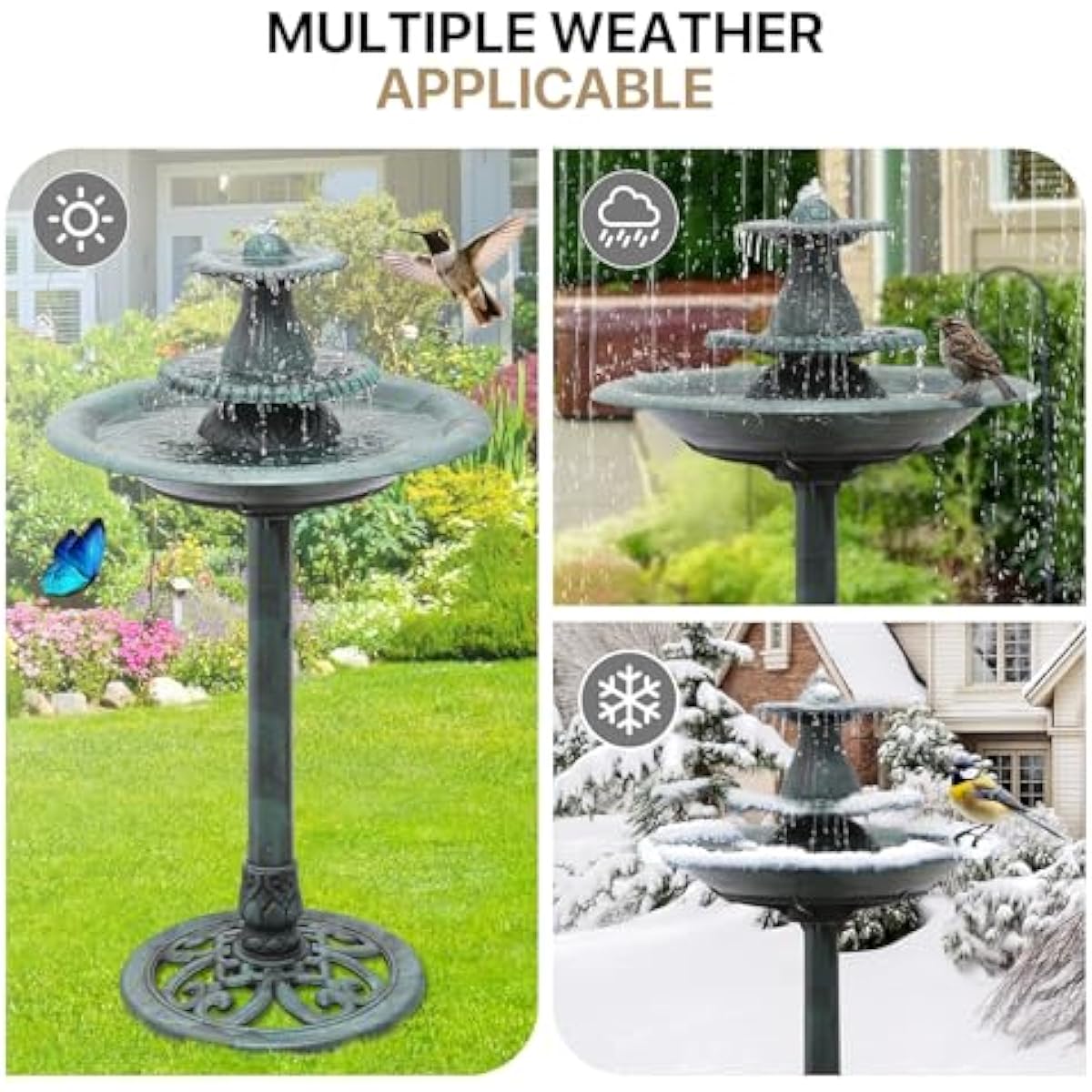 Athena Collection 37'' Height Bird Bath Vintage Pedestal Birdbath Electric Water Fountain with Recirculating Pump Polypropylene Floral Accents 3 Tier Birdbath for Outside, Patio, Garden, Green