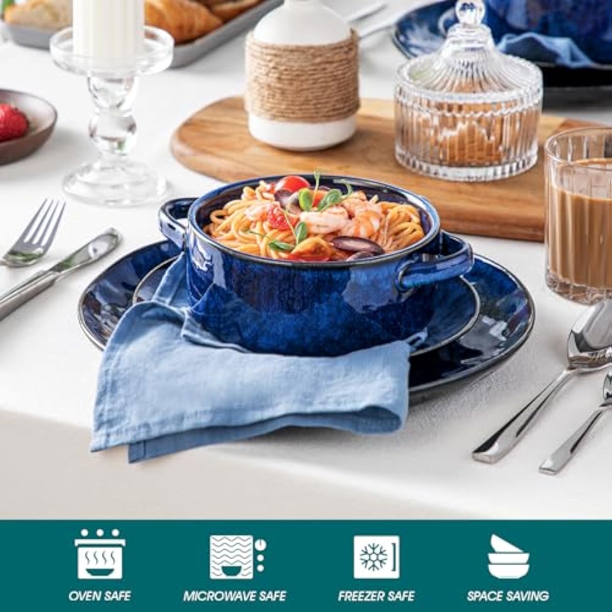 vancasso Starry Soup Bowls with Handles, 30 Oz French Onion Soup Bowls, Oven safe soup bowls for Cereal, Pasta, Chilli, Stew, Large Soup Crocks Set of 4, Blue