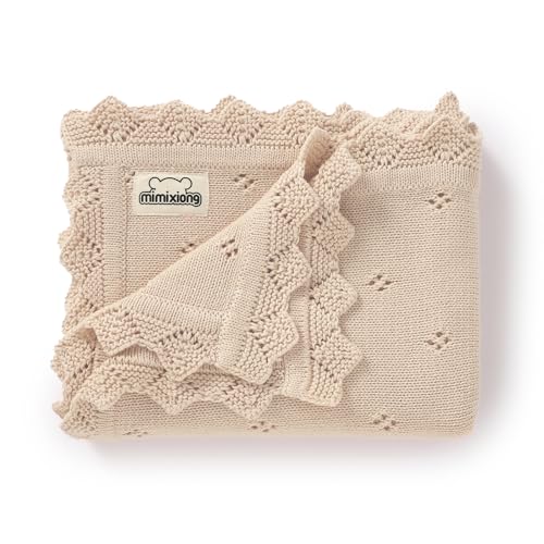 mimixiong Cotton Baby Blanket Knitted Crochet Receiving Crib Nursery Swaddling Blankets for Newborn Baby Boy Girl 30x40 Inch (Oatmeal)