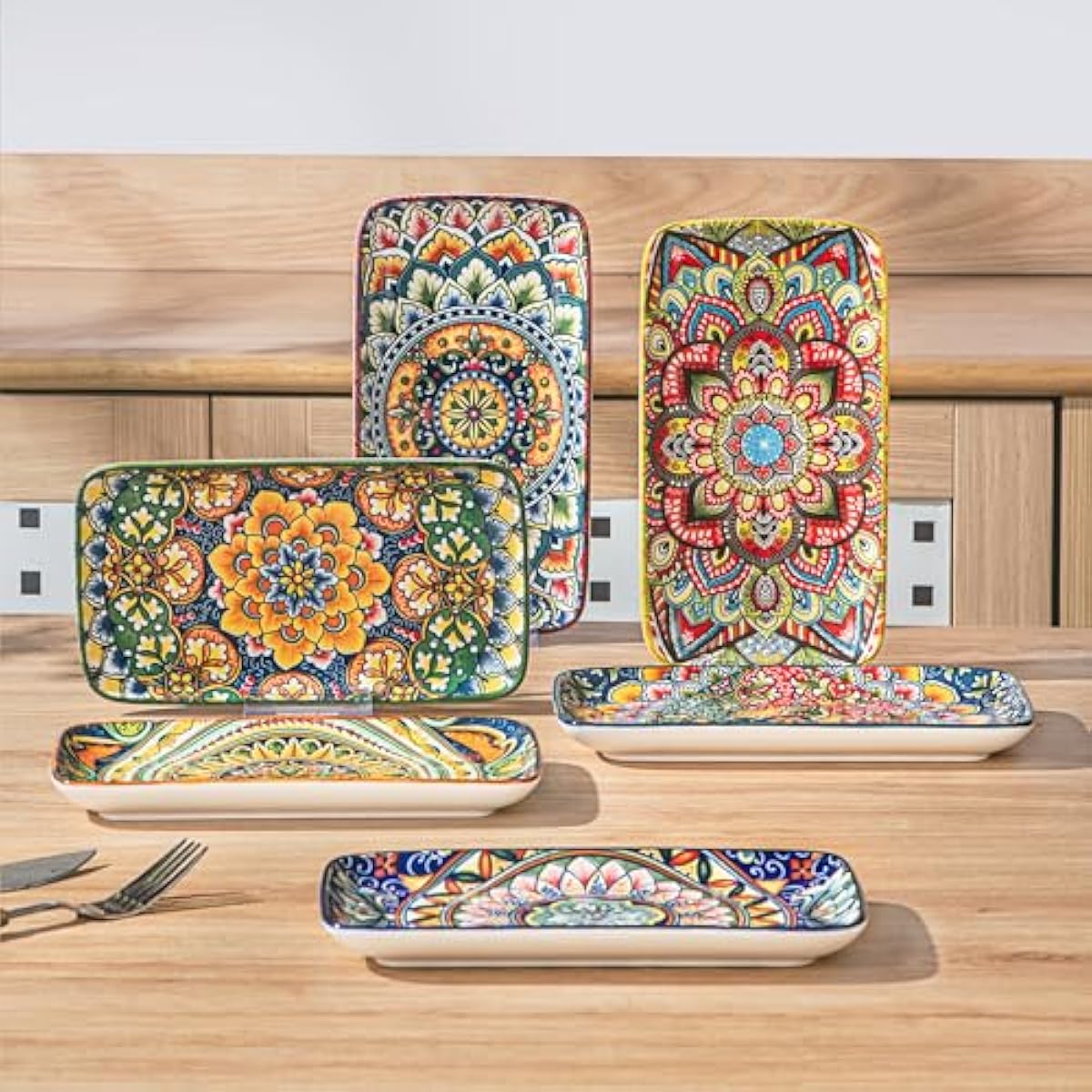Henten Home Ceramic 8 Inch Salad Plates, Rectangular Salad Plate Set of 6, Bohemian Serving Dishes for Sushi, Appetizer, Cake, Sashimi, Microwave & Dishwasher Safe