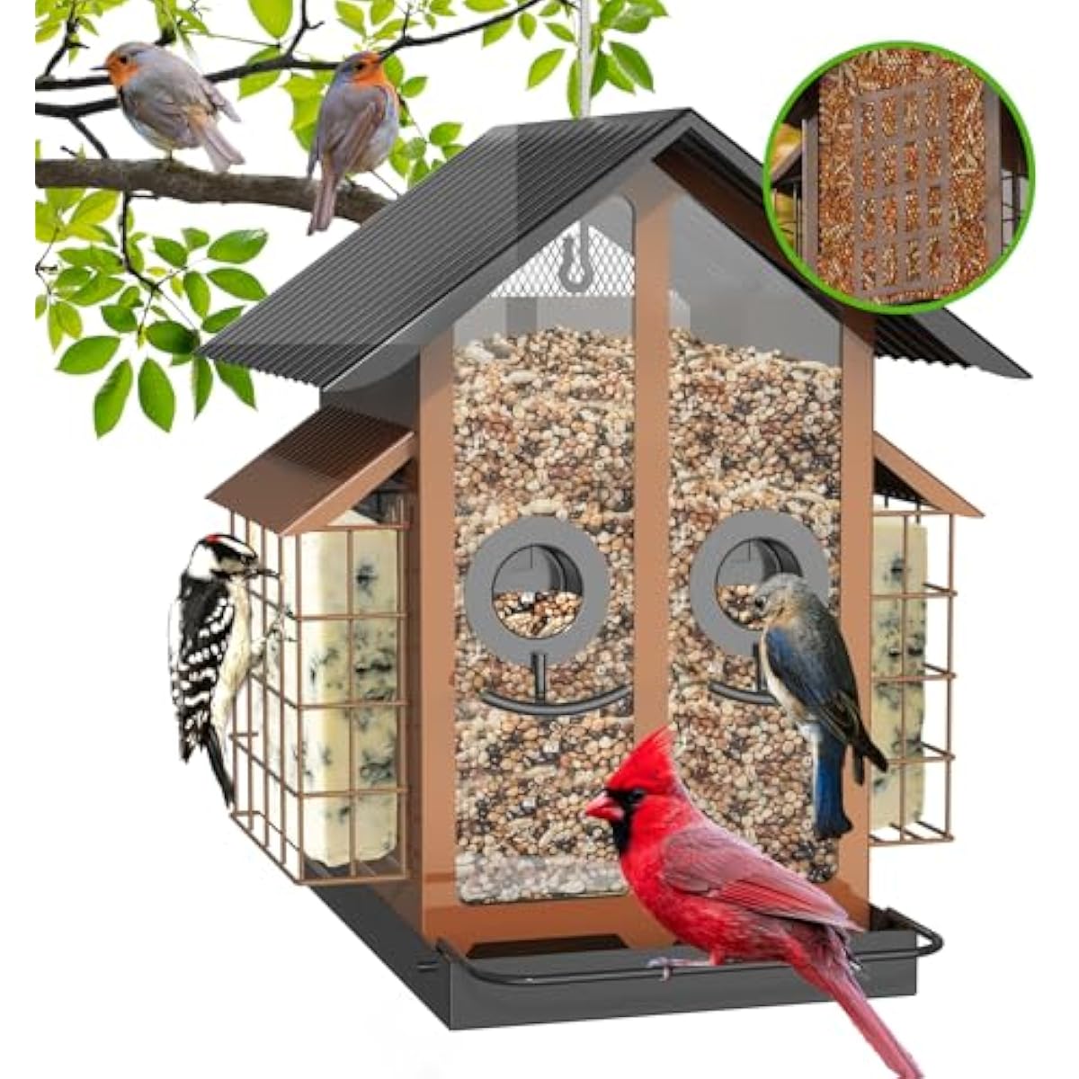 FlowaFoli Bird Feeders for Outdoors, Metal Bird Feeder with Double Suet Cage Weatherproof Metal Roof, 2 in 1 Mixed Seeds Suet Feeder, 4Lbs Large Capacity, Great for Finch、Cardinal、Chickadee（Brown）