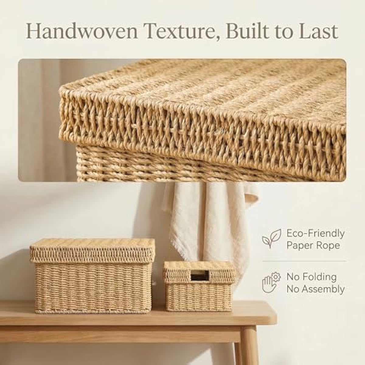 Wicker Storage Basket with Lid - Woven Storage Basket for Organizing,Rectangular Decorative Boxes Bins with Lids for Shelves, living room, Nursery, 2-Piece Set(Natural)