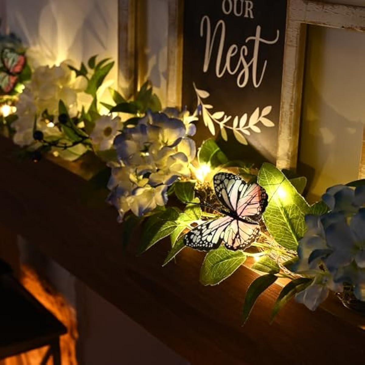 Valery Madelyn 6FT Spring Summer Flower Garland with Lights for Mantle,Blue White Hydrangeas Floral Garland with Eucalyptus Leaves Butterfly for Home Table Centrepiece Stairs Wedding Party Decorations