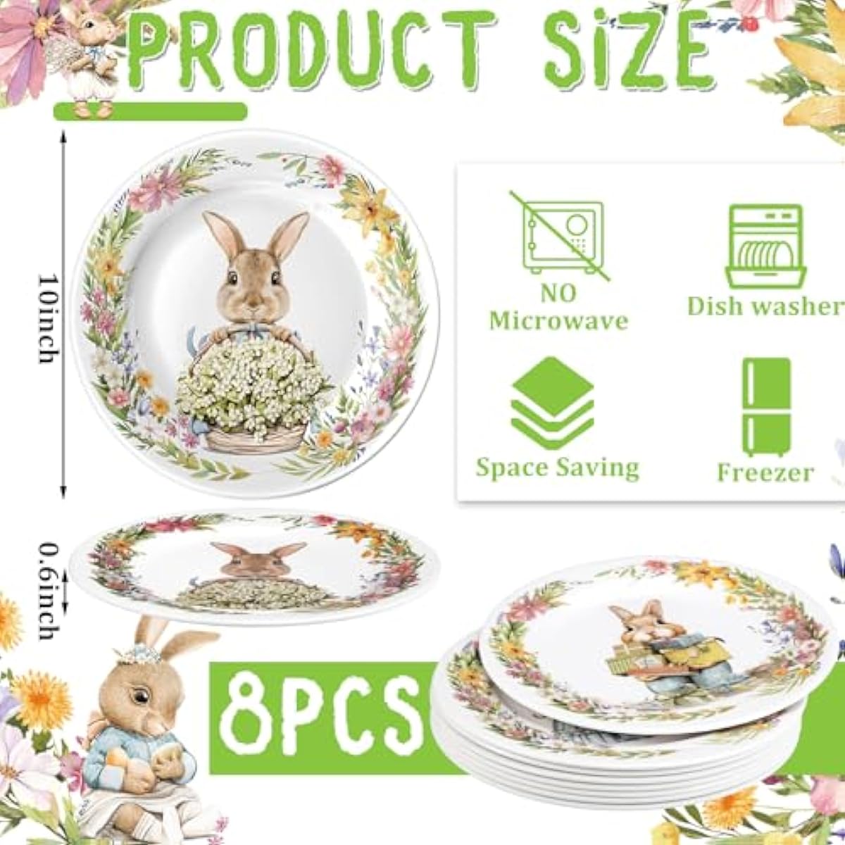 8 Pcs Easter Salad Plates Bunny Dishes 8" 10" Melamine Easter Dinnerware Sets Assorted Designs Ceramic-like Spring Rabbit Plates for Dinner Salad Dessert Birthday Party Supplies(10 Inch)