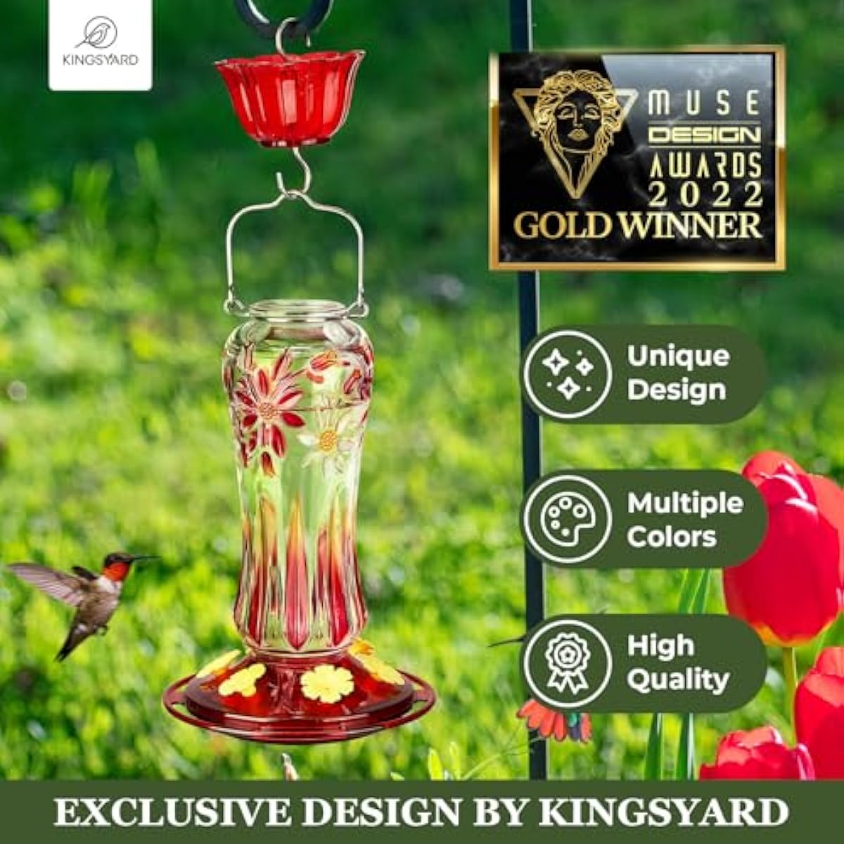 Kingsyard Glass Hummingbird Feeders for Outdoors Hanging, 25 oz Leak Proof Hummingbird Feeder with Ant Moat & 6 Bee Proof Feeding Ports, Red