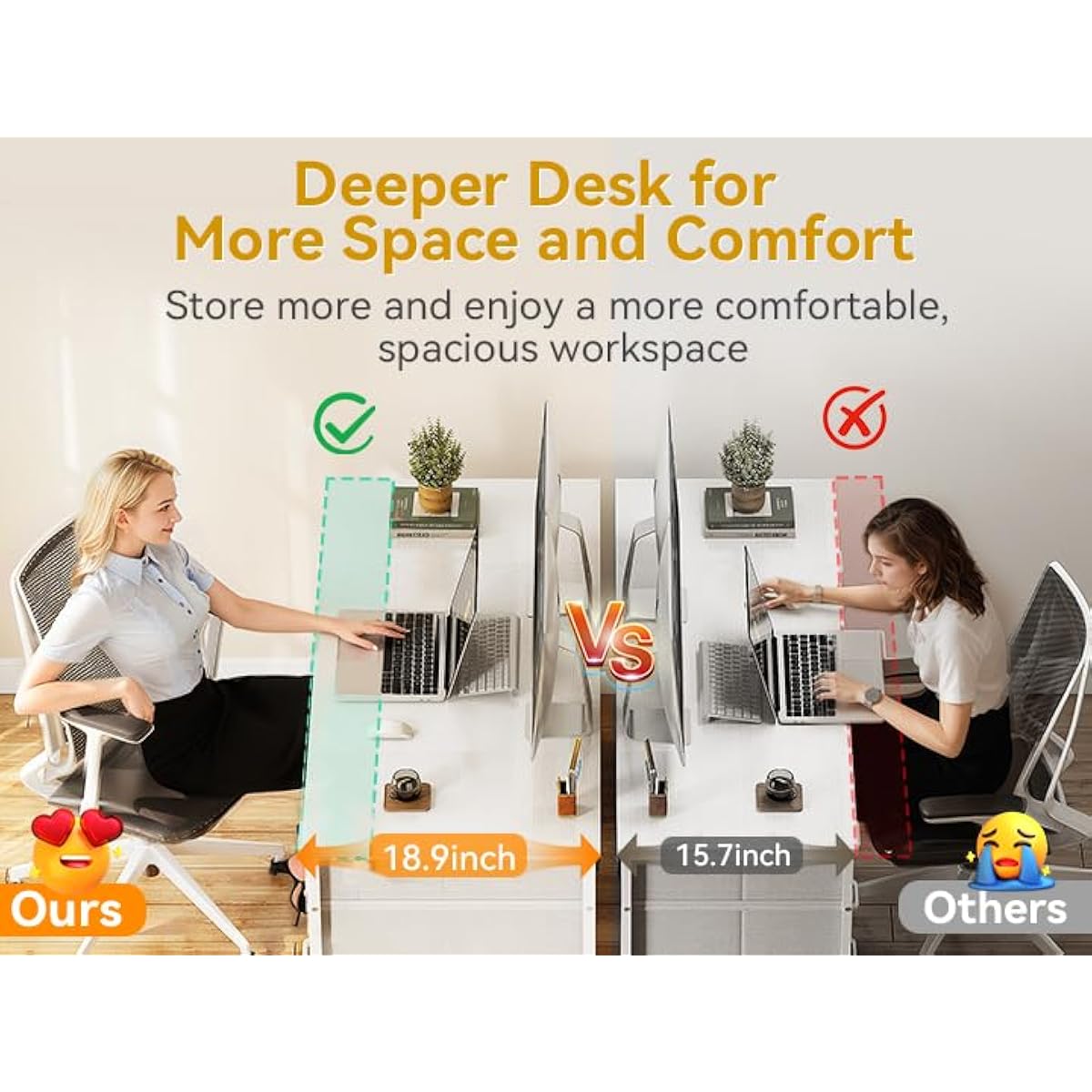 ODK 48 Inch White Computer Desk with 8 Fabric Drawers, Modern Office Desk with Large Storage for Home Office, Study, Gaming, White