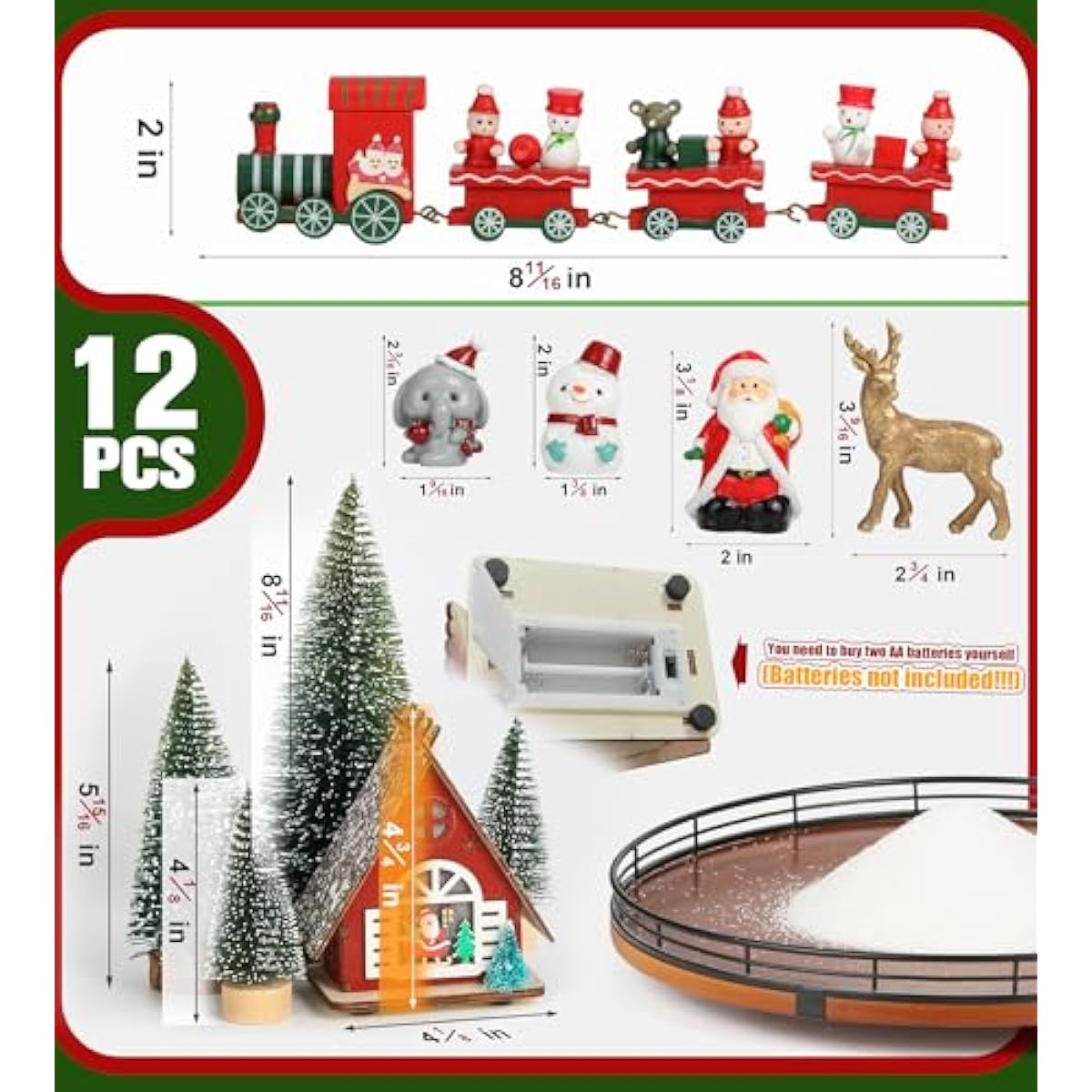 AMH 12 PCS Christmas Table Decorations Set with Oak Rotating Base – Xmas Town Village Centerpiece with Santa, Train, House, Trees & Figurines, Tabletop Decorations for Holiday Dining & Coffee Tables