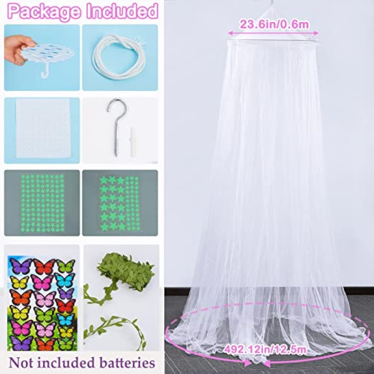 FIOBEE Bed Canopy for Girls Room Bed Canopy Curtains with Led Lights Mosquito Net DIY Princess Room Décor with Stars Butterflies for Kids Bedroom, White