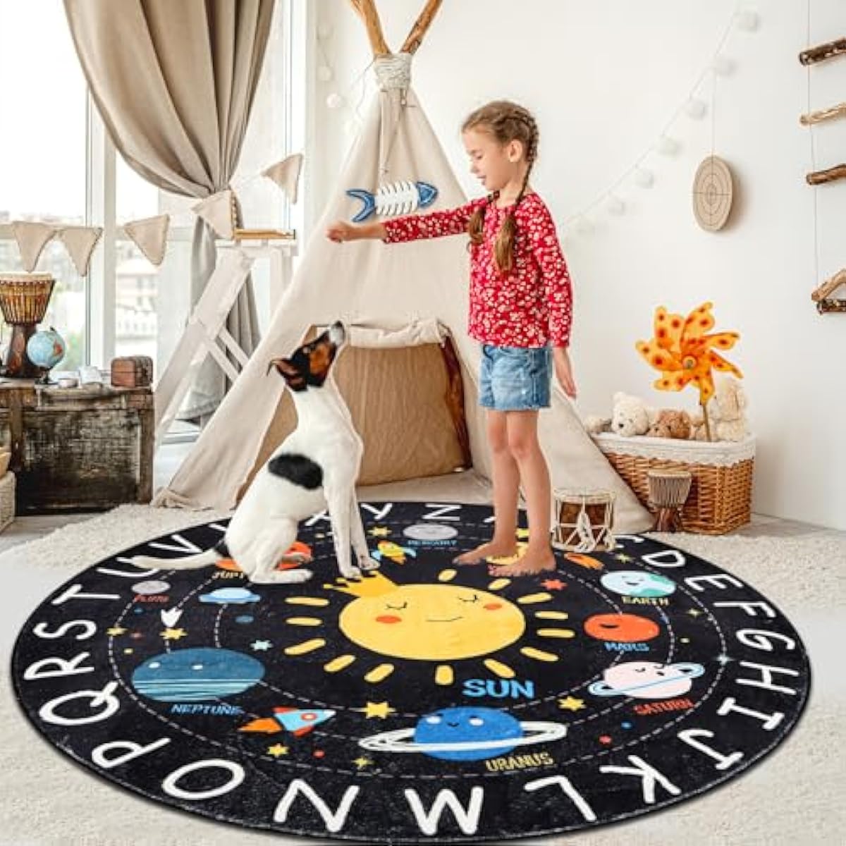 Round ABC Kids Rug,4 Ft Soft Circle Alphabet Playroom Rug,Washable Non-Slip Solar System Kid Play mat,Space Educational Rugs Kids Carpet for Classroom Playroom Bedroom Kids Room Decor