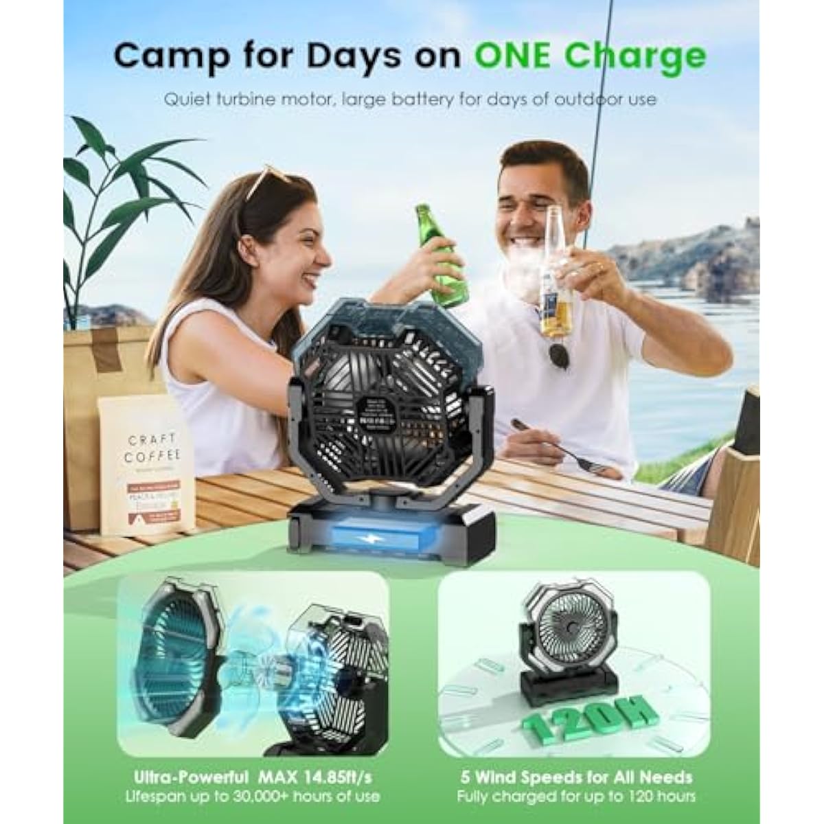 Camping Misting Fan - 24000mAh Portable Battery Powered Fans with 9oz Water Tank, Light, Hook - Rechargeable, 120H Cooling, Last 5H Mist, 4 Speed, Sleep Mode - Outdoor Gear, Travel Essentials