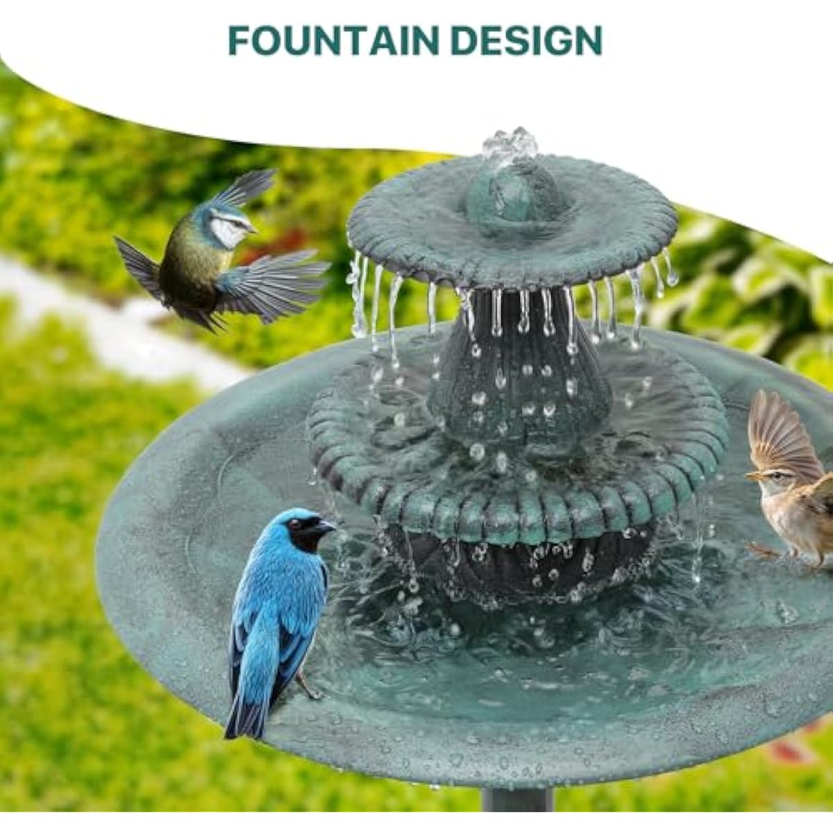 Athena Collection 37'' Height Bird Bath Vintage Pedestal Birdbath Electric Water Fountain with Recirculating Pump Polypropylene Floral Accents 3 Tier Birdbath for Outside, Patio, Garden, Green