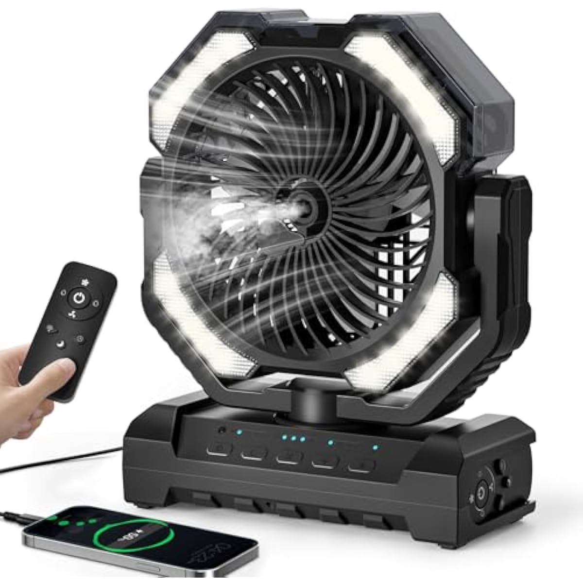 20000mAh Portable Misting Fan, USB Rechargeable Camping Fan with LED Light, Battery Operated for Outdoor, Tents, Beach, Travel - 250mL Water Tank & Hook Included, Black.