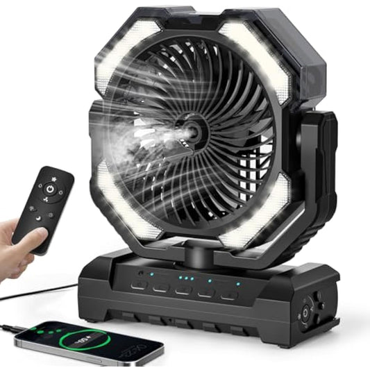 20000mAh Portable Misting Fan, USB Rechargeable Camping Fan with LED Light, Battery Operated for Outdoor, Tents, Beach, Travel - 250mL Water Tank & Hook Included, Black.