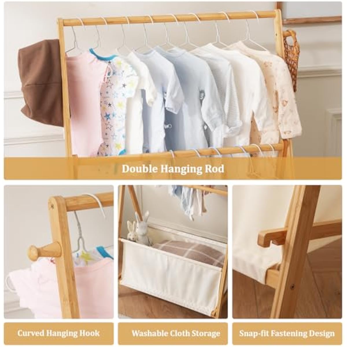 Kids Clothing Rrack- Kids Dress Up Rack for Little Girls, Bamboo Kids Clothes Rack-Feat FSC-Certified wood, Toddler Dress Up Storage Rack & Folding Costume Rack, Pets Clothes Rack, Natural