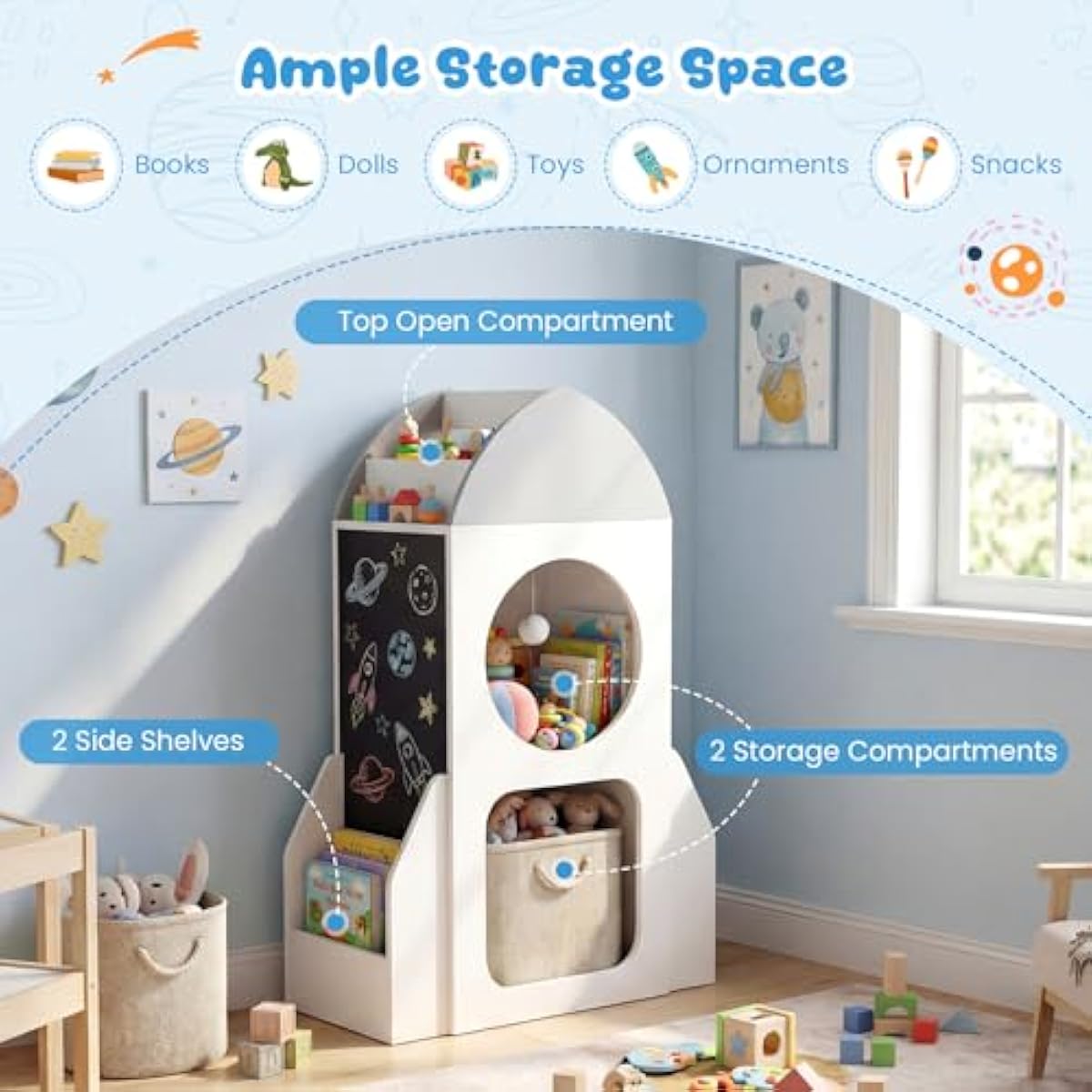 Costzon Rocket Kids Bookshelf, Toddler Toy Storage Organizer w/Chalkboard, 2 Cubbies and Open Shelf, Wooden Children Bookcase for Classroom, Playroom, Daycare, Nursery (White Rocket)