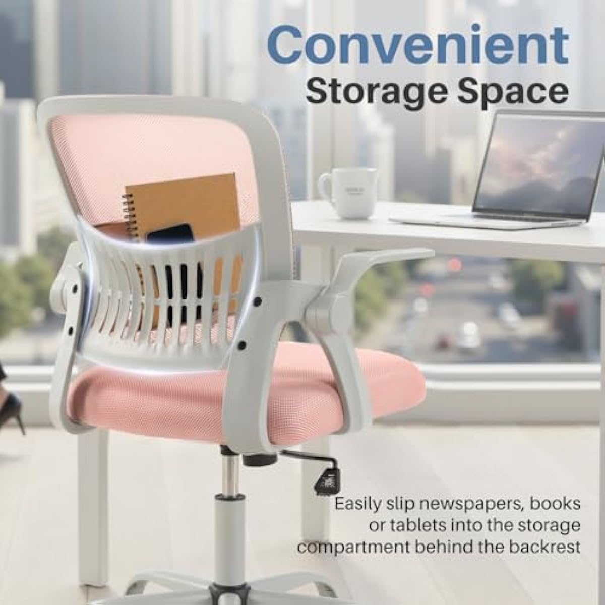 DUMOS Home Office Computer Chair - Ergonomic Mid Back Desk with Lumbar Support and Rocking Mode, Height Adjustable with Flip-up Armrest, for Conference Meeting Room, 360° Swivel, Adults, Pink