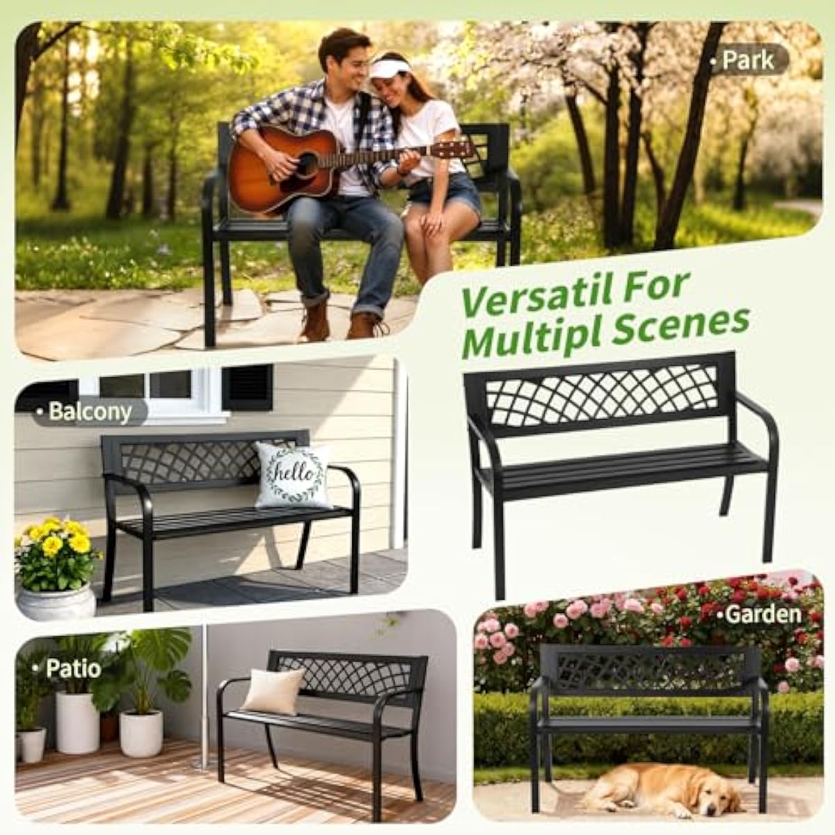 Garden Bench,Outdoor Benches,Iron Steel Frame Patio Bench with Mesh Pattern and Plastic Backrest Armrests for Lawn Yard Porch Work Entryway,Black