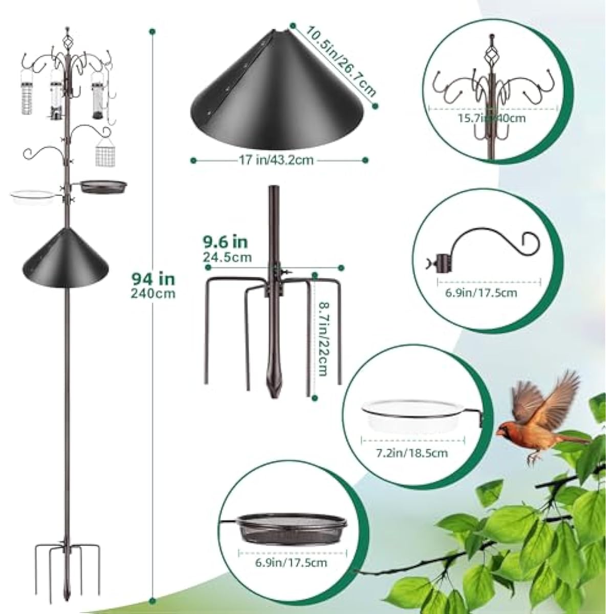 Bird Feeding Station Kit with Squirrel Baffle Bird Feeder Pole with Suet Cage Mesh Tray Fruit Hook Double W Hook for Attracting Wild Birds and Hanging Planter Hanger Lights