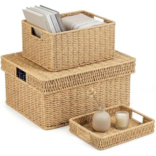 Wicker Storage Basket with Lid - Woven Storage Basket for Organizing,Rectangular Decorative Boxes Bins with Lids for Shelves, living room, Nursery, 2-Piece Set(Natural)