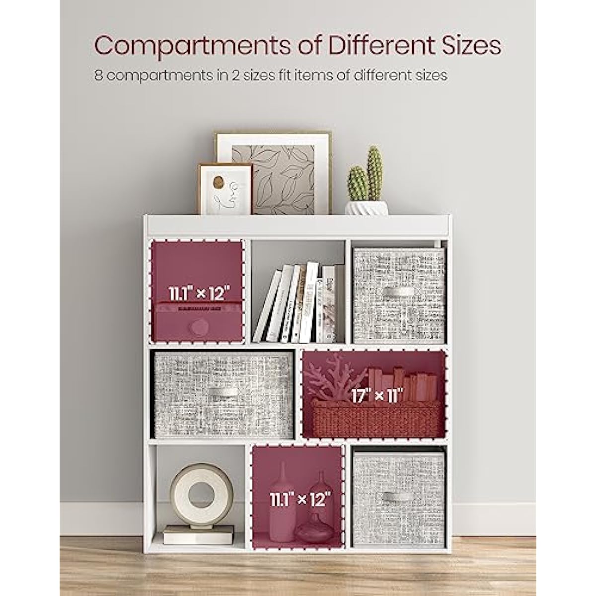VASAGLE Bookcase, Bookshelf, Freestanding Storage Unit, 8 Open Compartments, Used Horizontally, Vertically, Upside Down, 11 x 35.4 x 39.4 Inches, for Living Room, Study, Office, Cloud White ULBC55WT