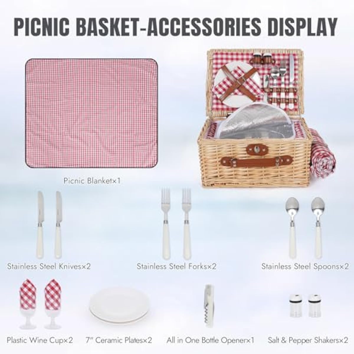 HappyPicnic Picnic Basket Set for 2 - Wicker Picnic Basket with Waterproof Blanket & Insulated Liner, Large Handmade Willow Hamper with Cutlery Kit for Outdoor, Picnic, Camping, Party, Holidays (Red)