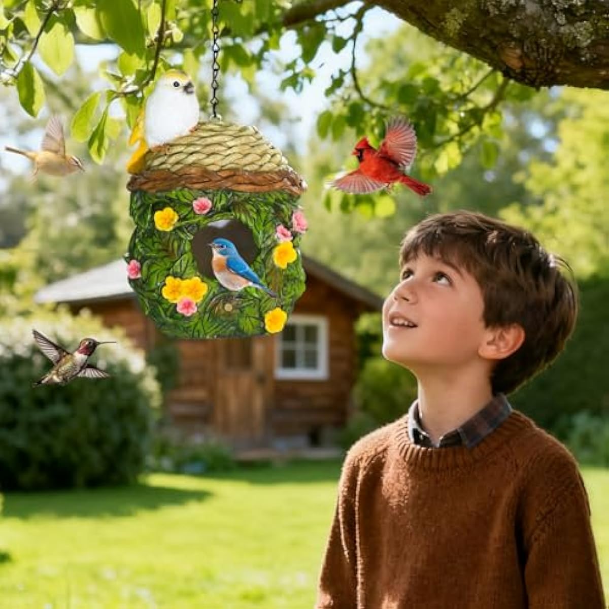 Bird Houses for Outside Bird Nesting Design Resin Birdhouse, Garden Outdoor Decor Bird House with Flower and Leaf Details, Birdhouses for Outdoors for Bluebird Finches Cardinals