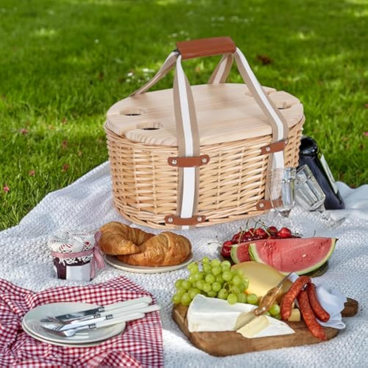 Picnic Basket Set for 4 - Wicker Insulated Picnic Basket with Folding Wine Table, Wine Picnic Kit with Liner for Couples, Camping, Outdoor, Valentine (WhiteFlower)