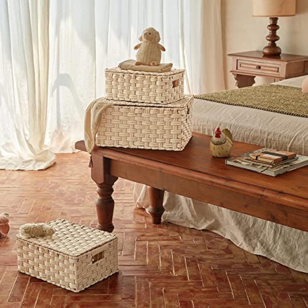 GRANNY SAYS Wicker Storage Baskets with Lids, Set of 3 Decorative Storage Boxes, Baskets for Organizing, Butter Milk, 3-Pack