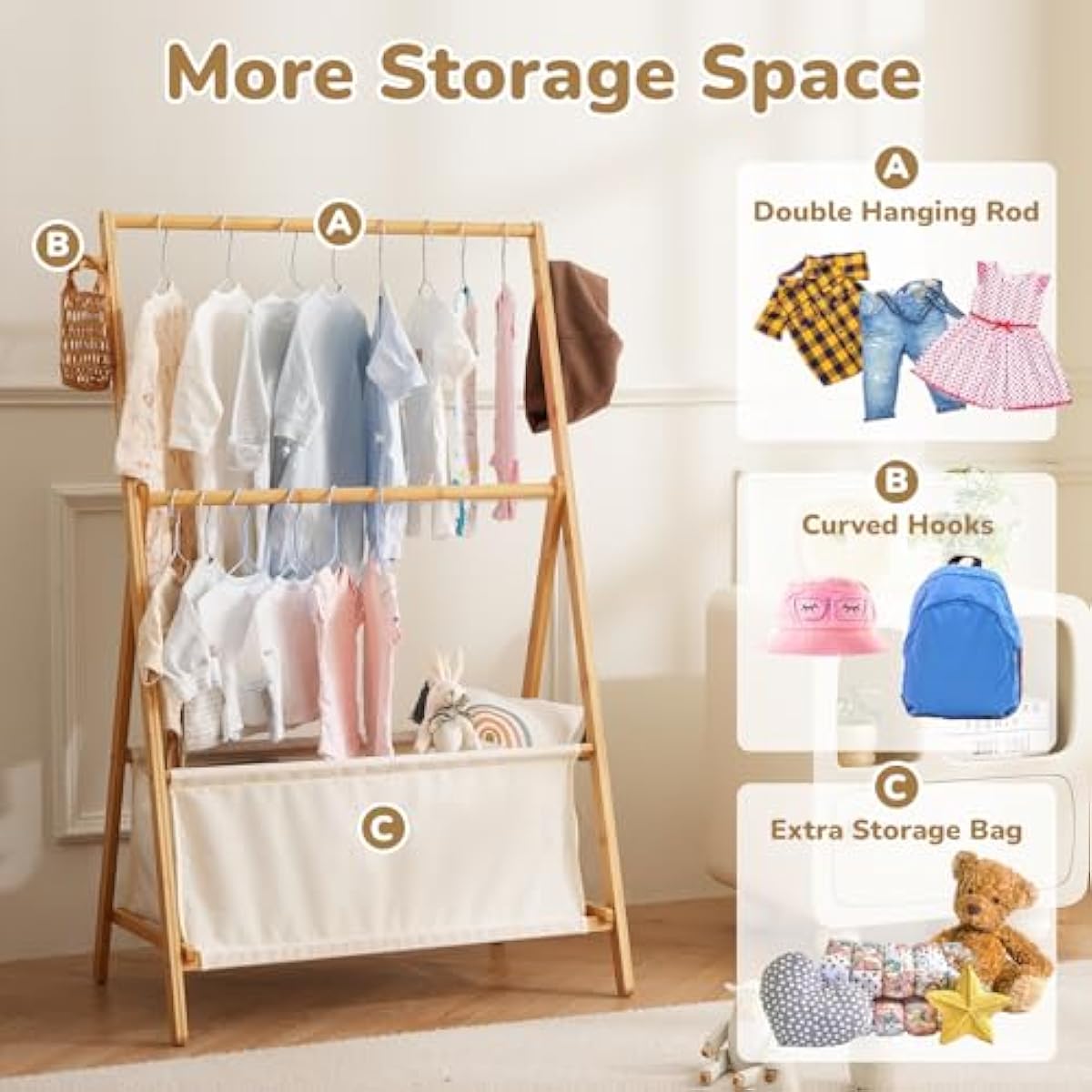 Kids Clothing Rrack- Kids Dress Up Rack for Little Girls, Bamboo Kids Clothes Rack-Feat FSC-Certified wood, Toddler Dress Up Storage Rack & Folding Costume Rack, Pets Clothes Rack, Natural