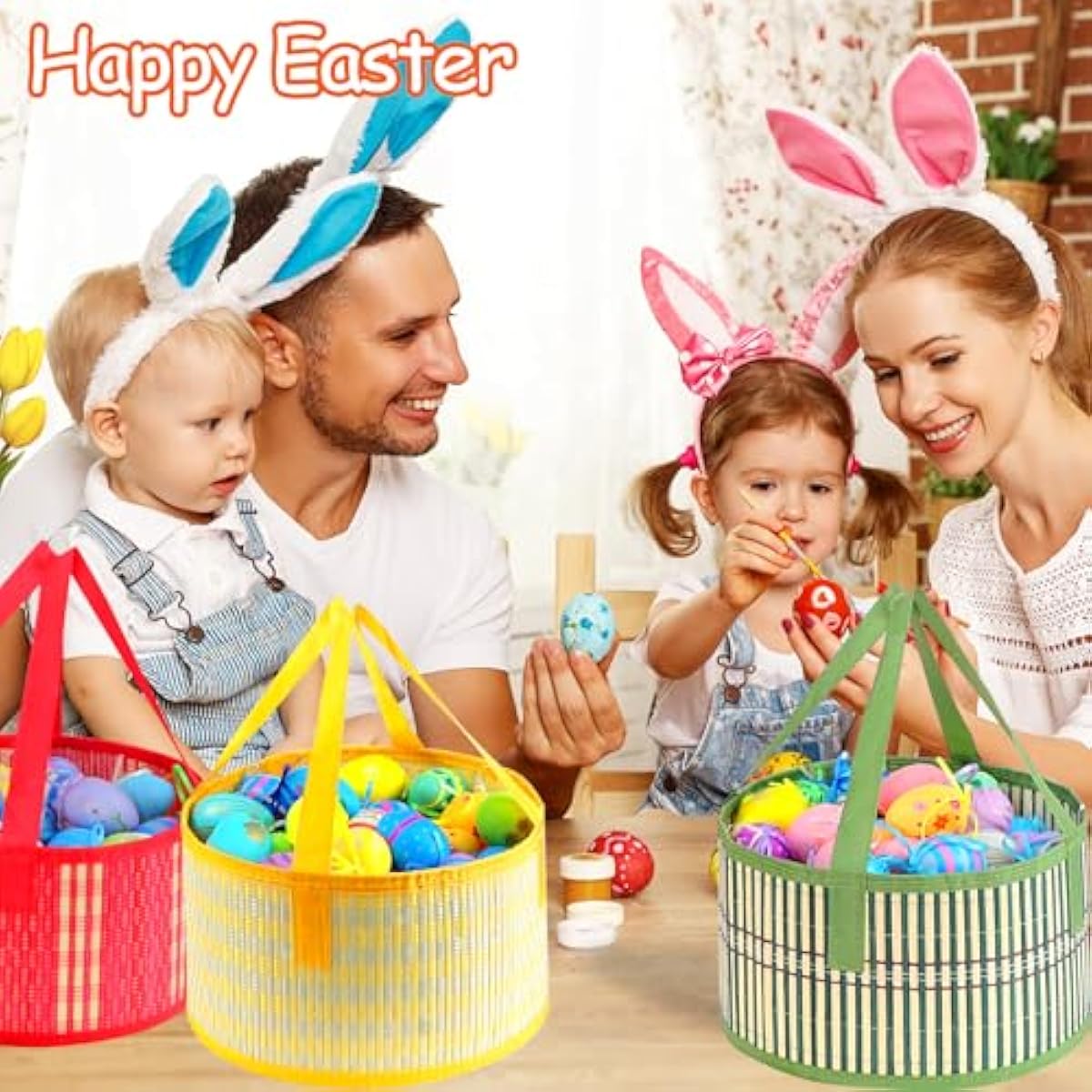 Foldable Easter Woven Bamboo Baskets Empty, 4 Pcs Easter Basket Bulk Set with Handle, Large Easter Baskets for Easter Egg Hunt Party Favor Picnic Supplies Gift Packing - Red Yellow Green Blue